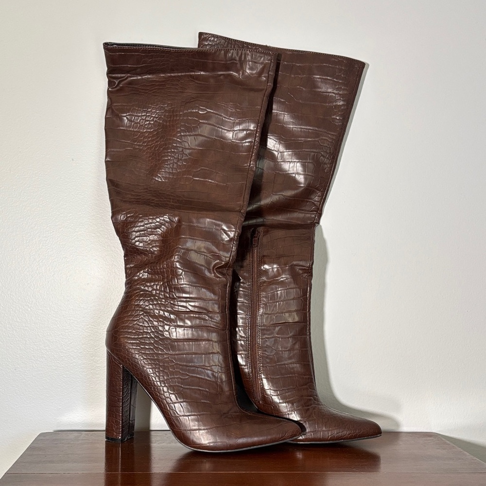 Fashion Nova Chocolate Croc Heeled Boots